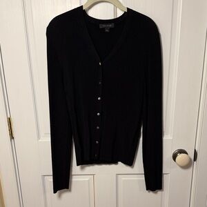 Ann Taylor Black Ribbed V-Neck Button-Front Cardigan Size L